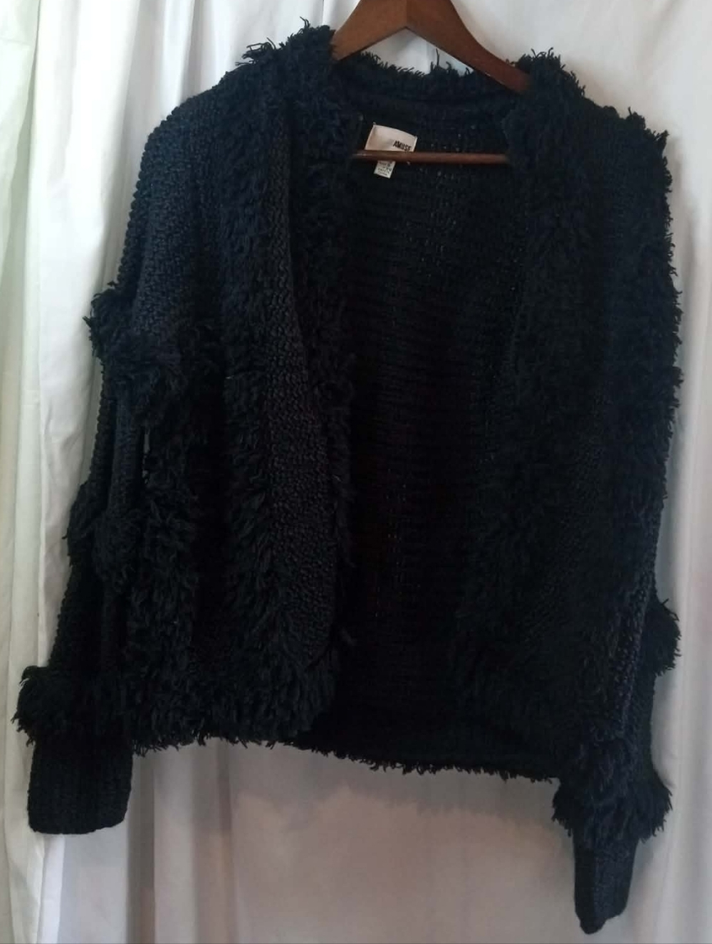 Amuse Society Zip Up Black Fuzzy Fringe Jacket Sweater Knit Goth Medium Baddie